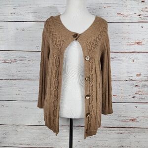 LOFT Cable Knit Brown Wool Cashmere Rabbit Hair Blend Cardigan Sweater Large